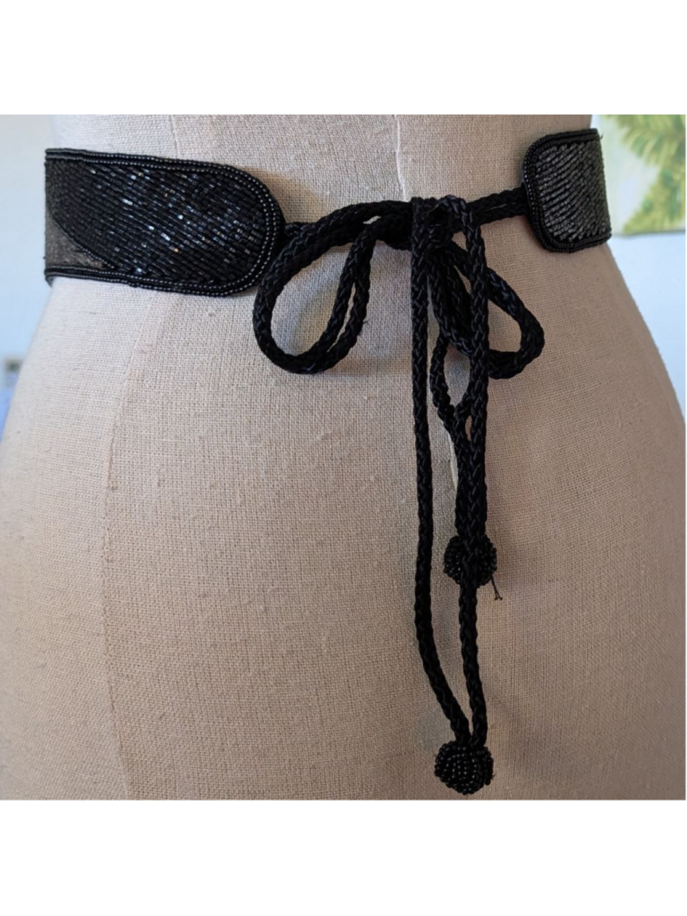 Vintage Black Silver Beaded Tie Belt or Art Deco Style Beaded Waist Sash Belt - Picture 9 of 12